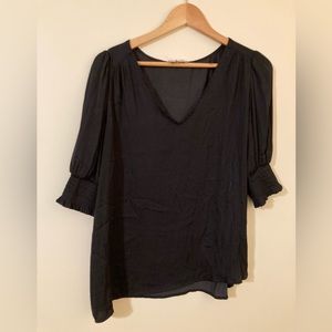 Satiny Black Blouse with V-Neck